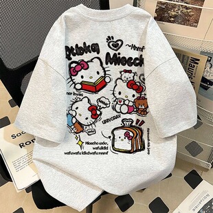 Hellokitty女童夏季装纯棉短袖T恤韩系卡通宽松学院风上衣中大童