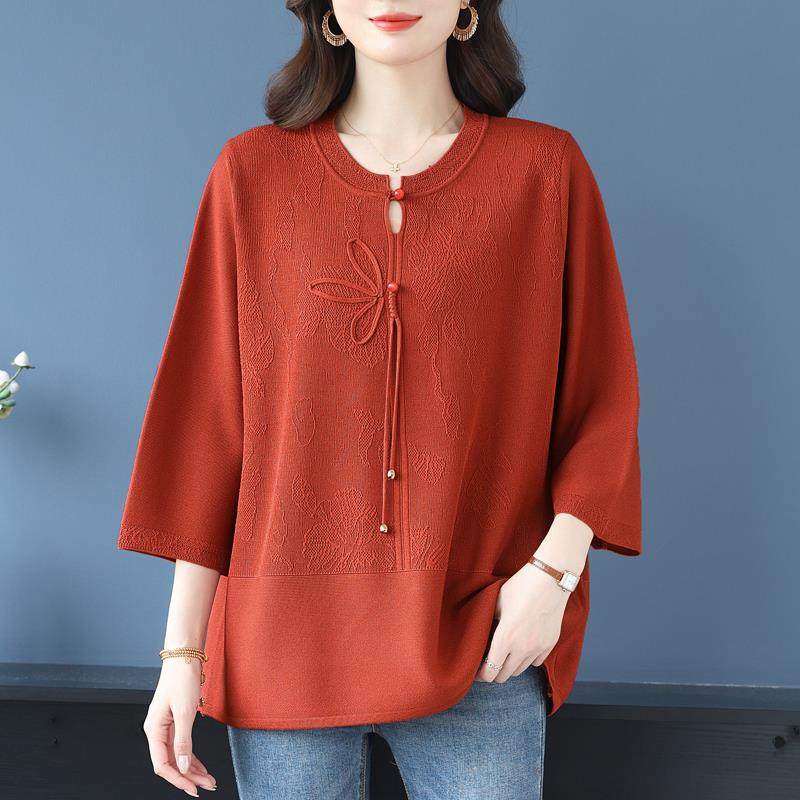 妈妈秋装加肥加大码上衣洋气国风宽松遮肉七分袖针织衫女春秋T恤