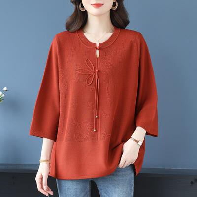 妈妈秋装加肥加大码上衣洋气国风宽松遮肉七分袖针织衫女春秋T恤