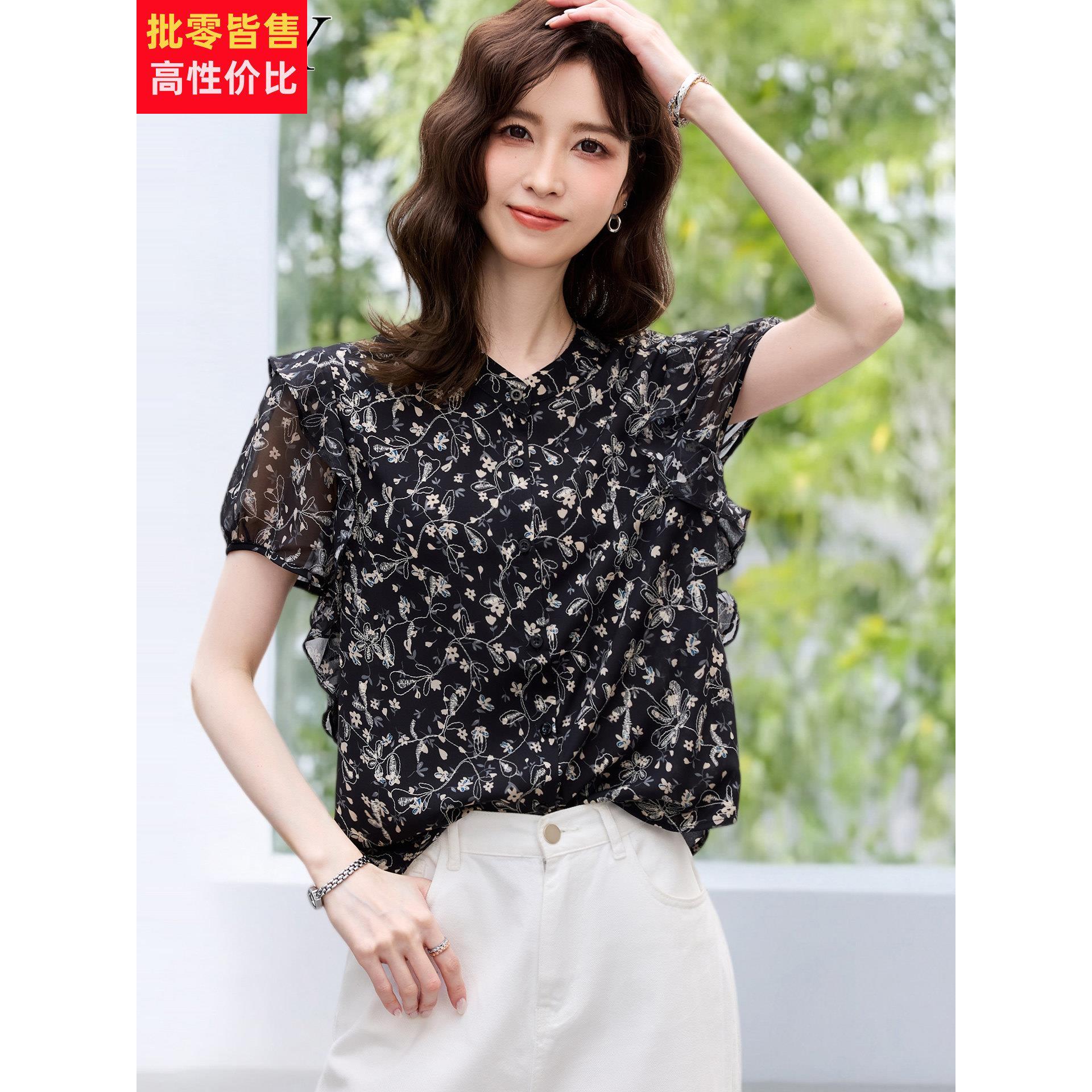2026夏季新款小个子短袖黑色木耳边小衫T恤妈妈雪纺薄款上衣女装