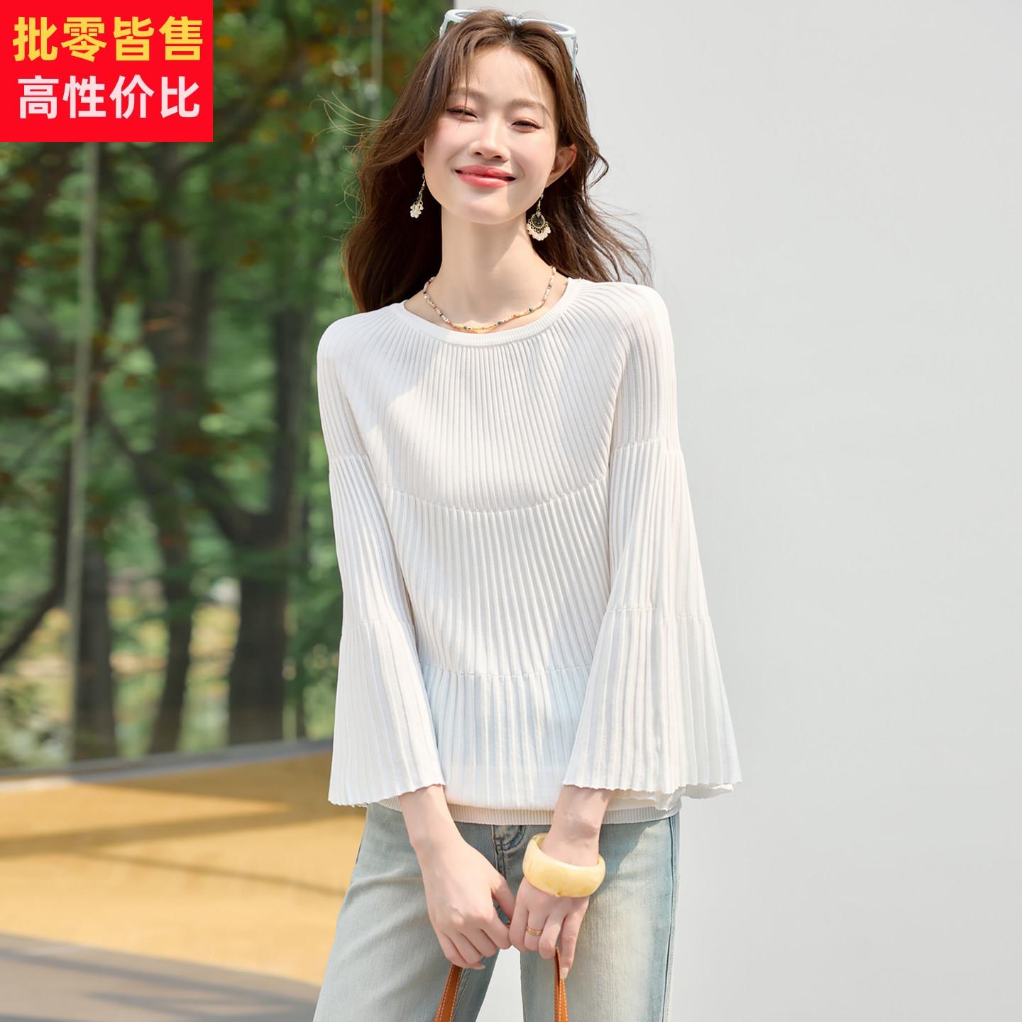 白色喇叭袖坑条冰丝t恤女夏薄款凉感小衫防晒罩衫法式绝美小上衣
