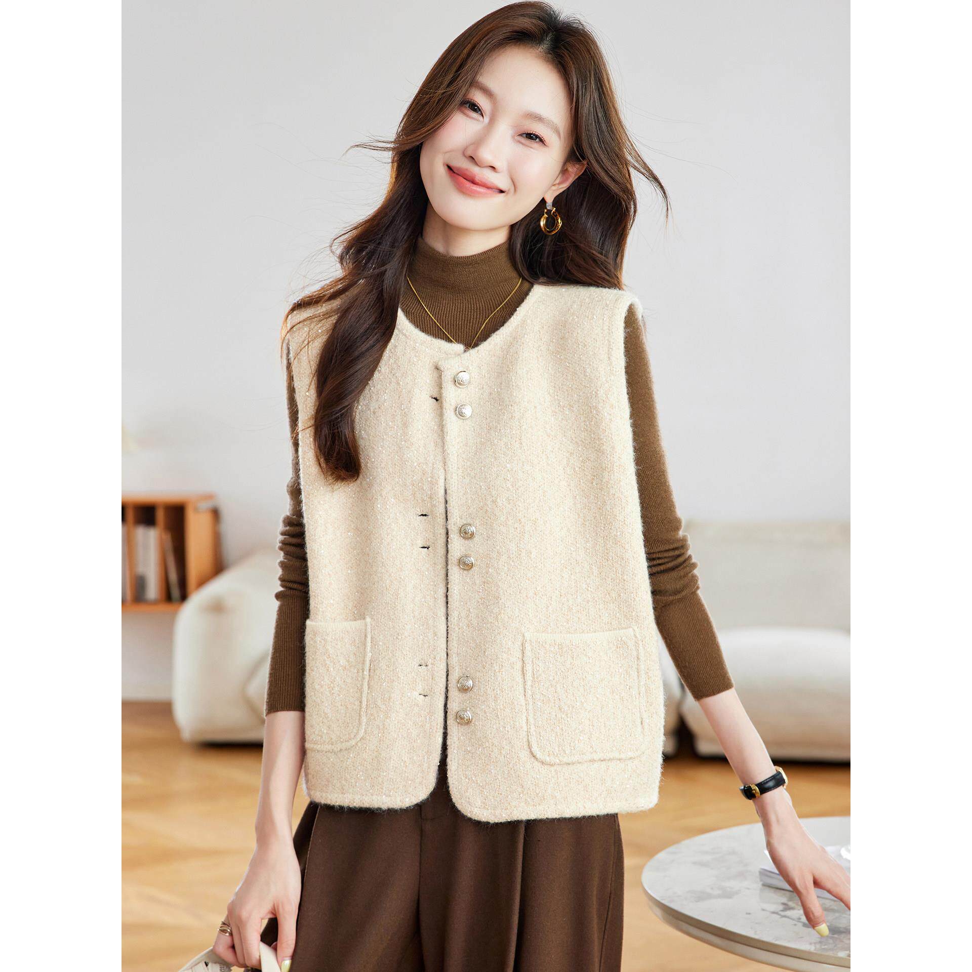 圆领亮片针织马甲女外搭时髦洋气小香风坎肩背心2025新款短款外套