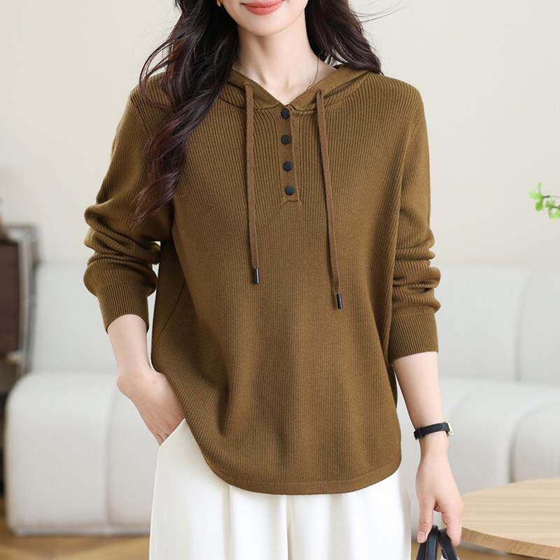 春秋季连帽针织衫女宽松打底显瘦上衣妈妈减龄天丝羊毛衫薄款毛衣