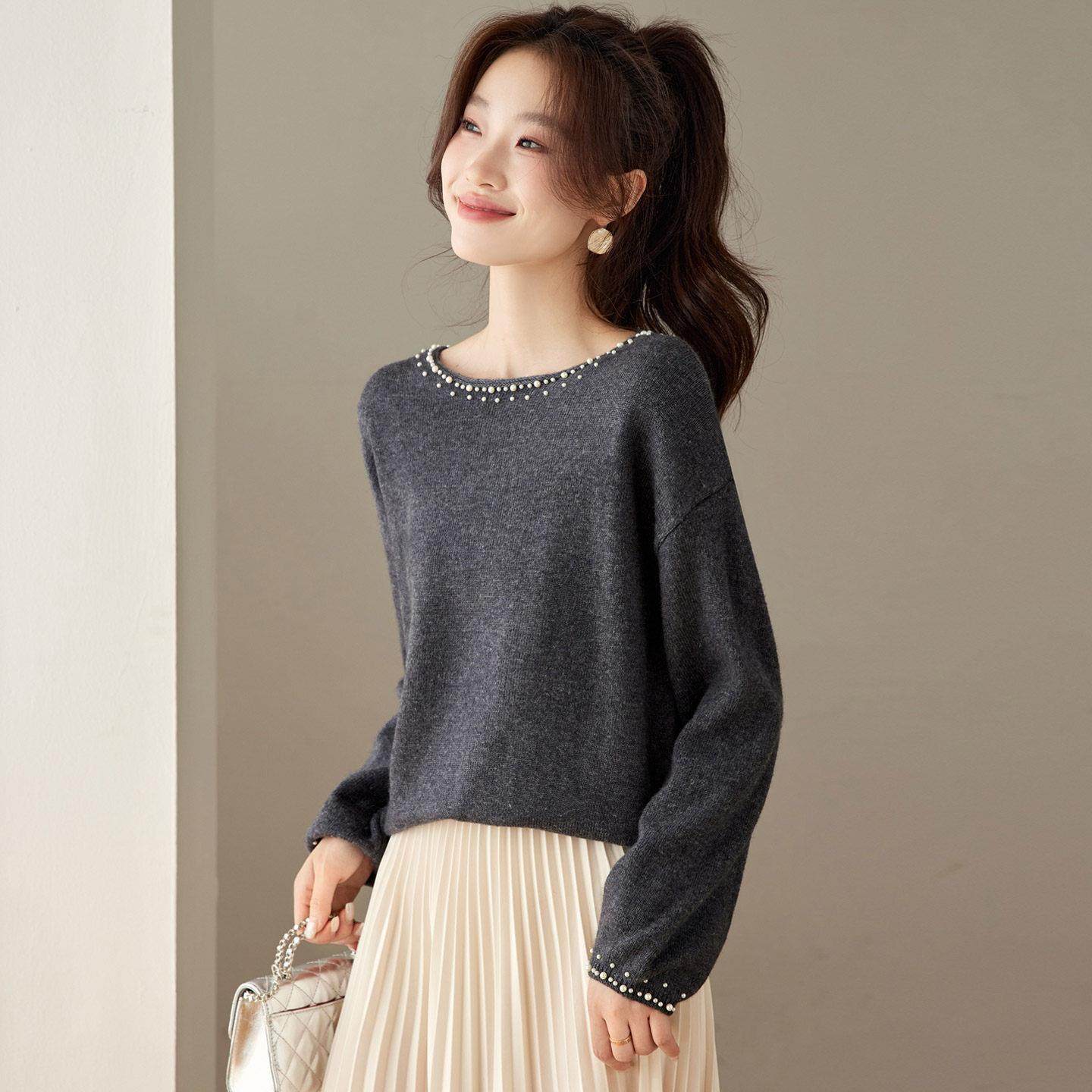 慵懒钉珠圆领打底衫女2025新款今年流行爆款洋气针织t恤宽松上衣