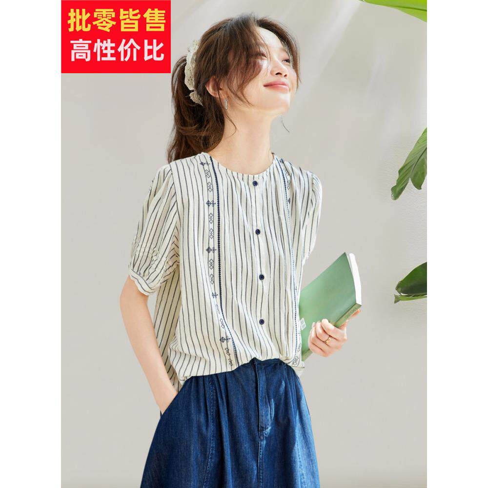 2025新夏季风格文艺休闲条纹绣花棉t恤，西式小众圆领短袖宽松上