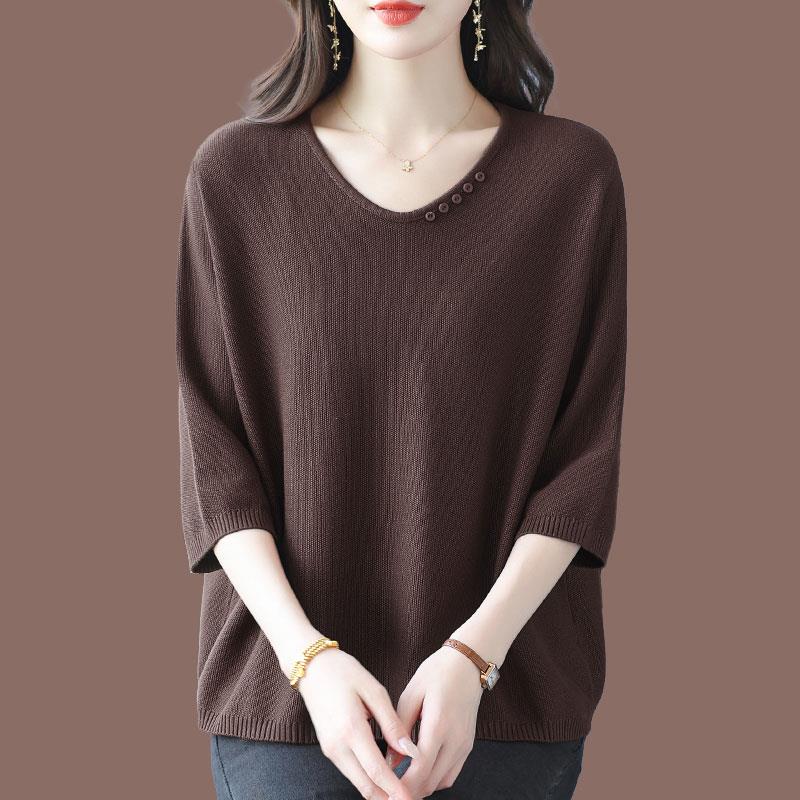 大码女装V领桑蚕丝T恤女中老年妈妈装春秋七分袖宽松遮肚冰丝上衣