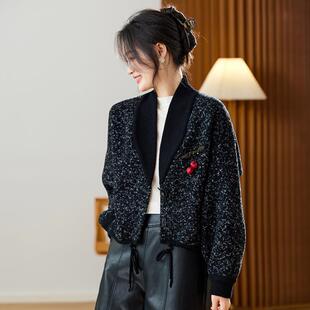 2025新款秋冬加厚花纱毛衣外套女欧货高级感气质洋气漂亮黑灰开衫