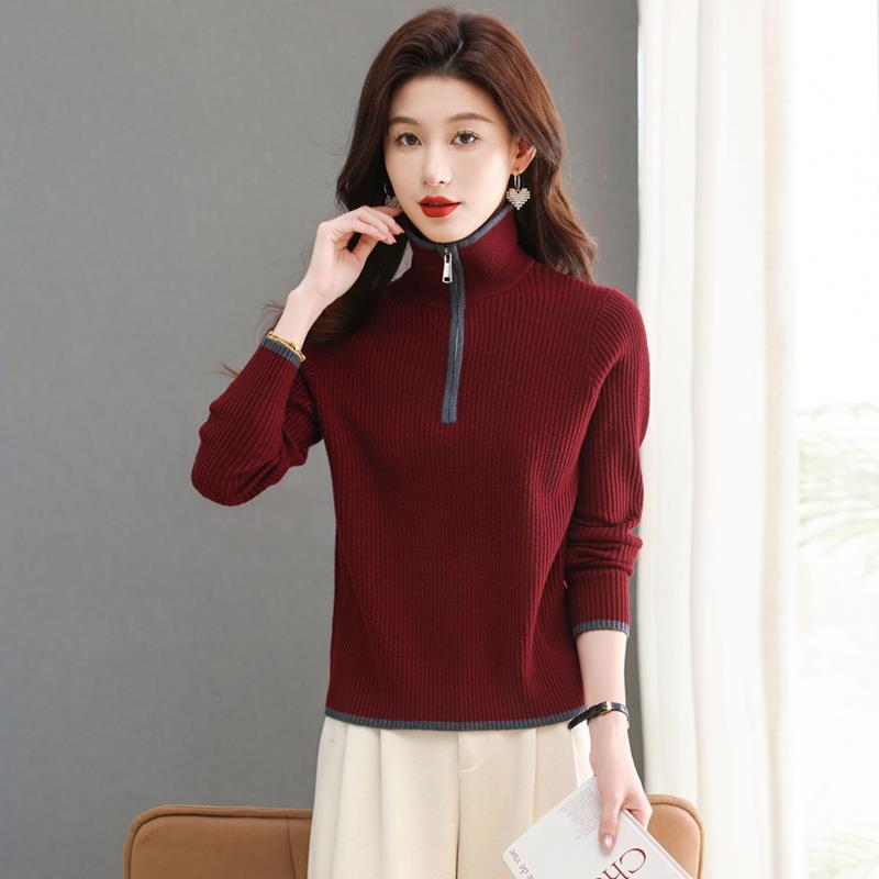 半拉链高翻领毛衣女士内搭打底羊毛衫秋冬季2024新款洋气红色上衣