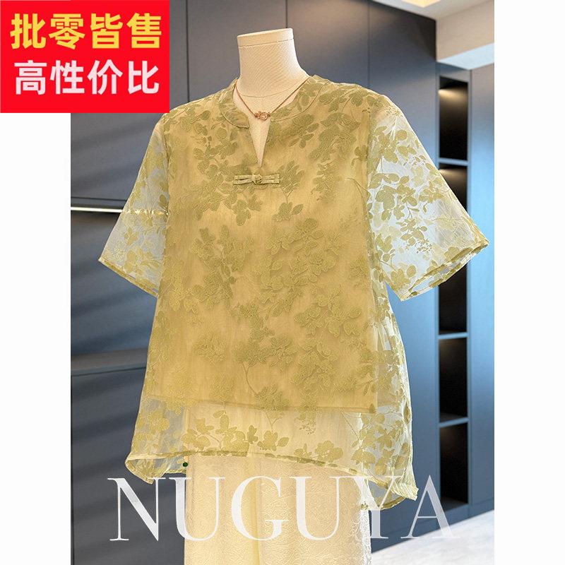 新中式国风妈妈装雪纺衬衫女短袖夏装新款上衣洋派百搭中老年衬衫