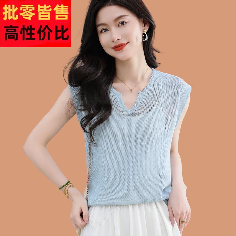 桑蚕丝短袖t恤女夏2025新款爆款洋气冰丝针织上衣配裙子镂空罩衫