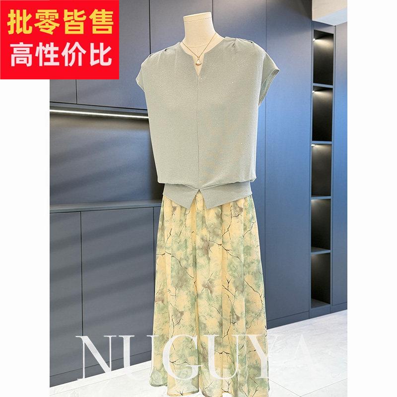 时尚洋派雪纺中年人洋装女套装夏装新款中长版妈妈装裙子两件套
