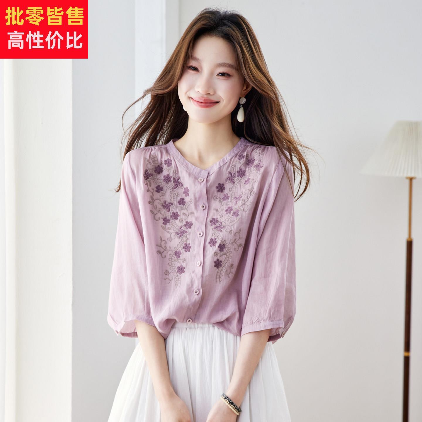 文艺风苎麻刺绣短袖衬衫女夏季2026新款独特巨好看棉麻半袖衬衣女