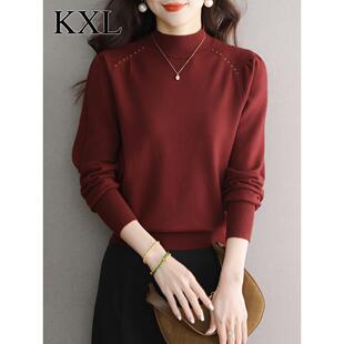 秋冬高级感气质暗红色半高领毛衣打底衫女妈妈宽松遮肚子针织上衣