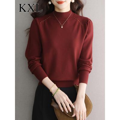 秋冬高级感气质暗红色半高领毛衣打底衫女妈妈宽松遮肚子针织上衣