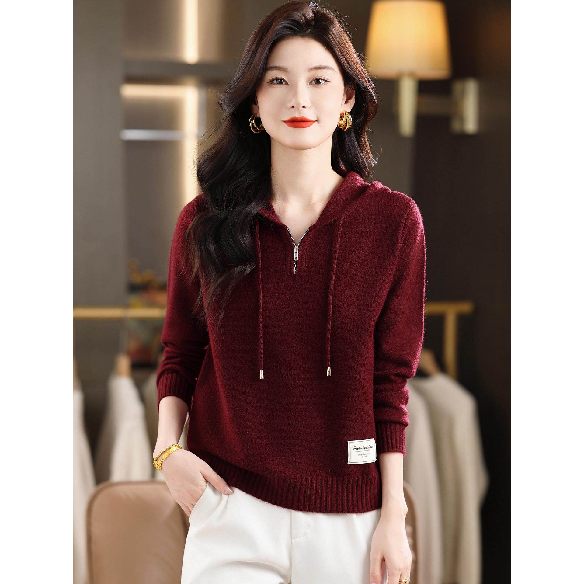 连帽卫衣上衣女时尚洋气针织打底羊毛衫秋冬2025新款爆款红色毛衣