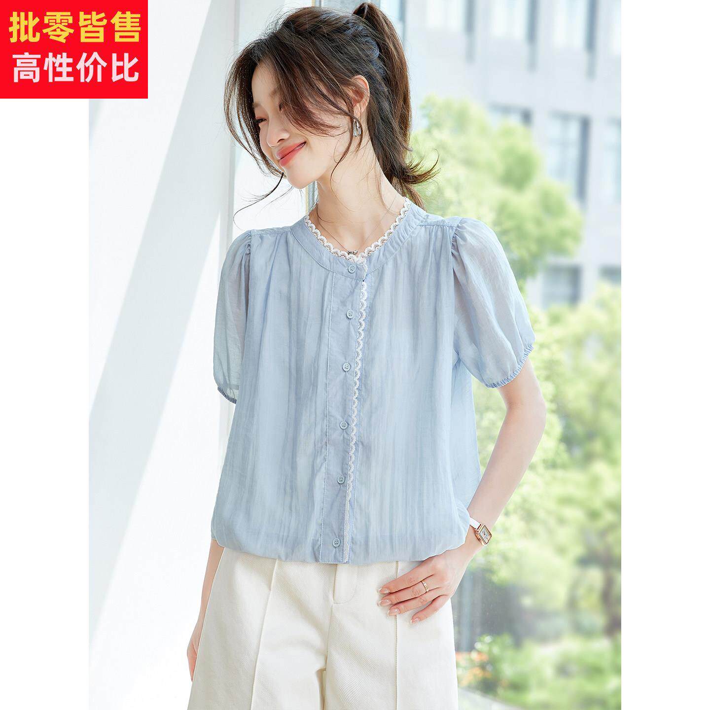 2025新款爆款夏季小个子纯棉短袖衬衫上衣女洋气别致漂亮粉色小衫