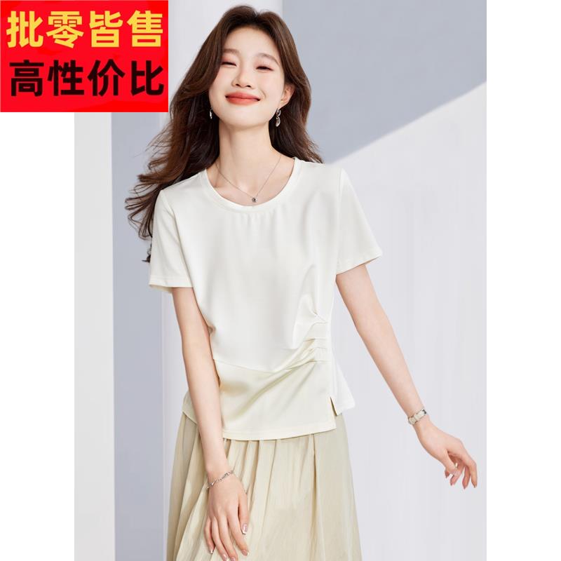 2025夏日新款设计感褶皱短袖白色T恤小个子不对称别致洋气上衣女
