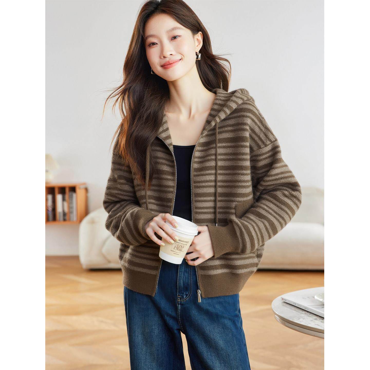 双拉链连帽条纹外套女2025秋冬新款巨好看的休闲宽松加厚短款卫衣