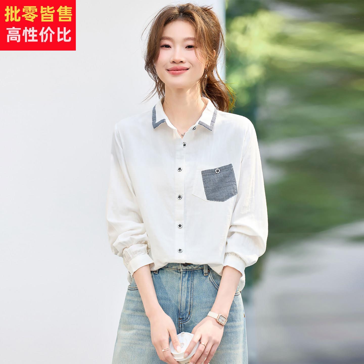格纹拼接长袖衬衫女2026春季新款翻领设计感亲肤%纯棉衬衣上衣