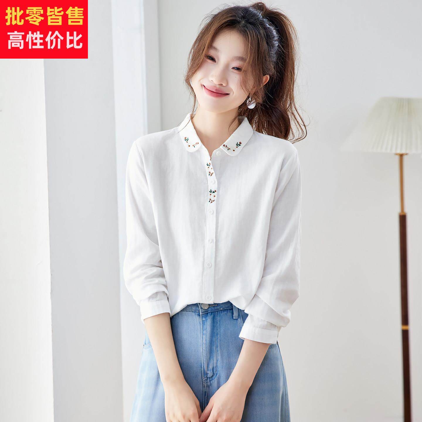 刺绣小翻领衬衫女%纯棉减龄长袖宽松百搭休闲上衣2026春装新款