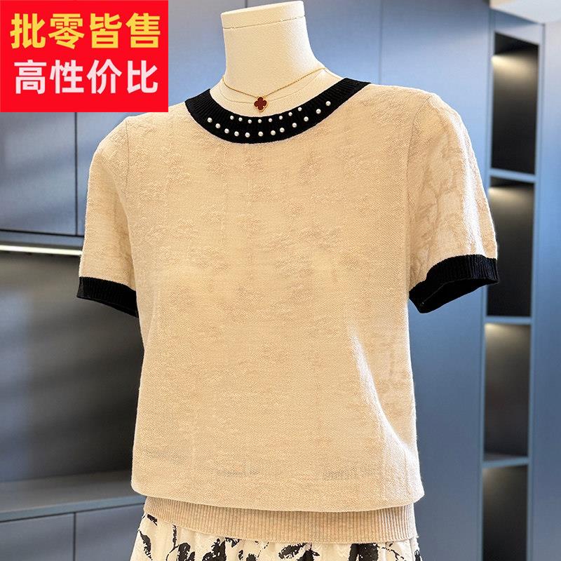 小香风洋派妈妈装针织衫女短袖夏装新款上衣减龄气质中年人T恤衫