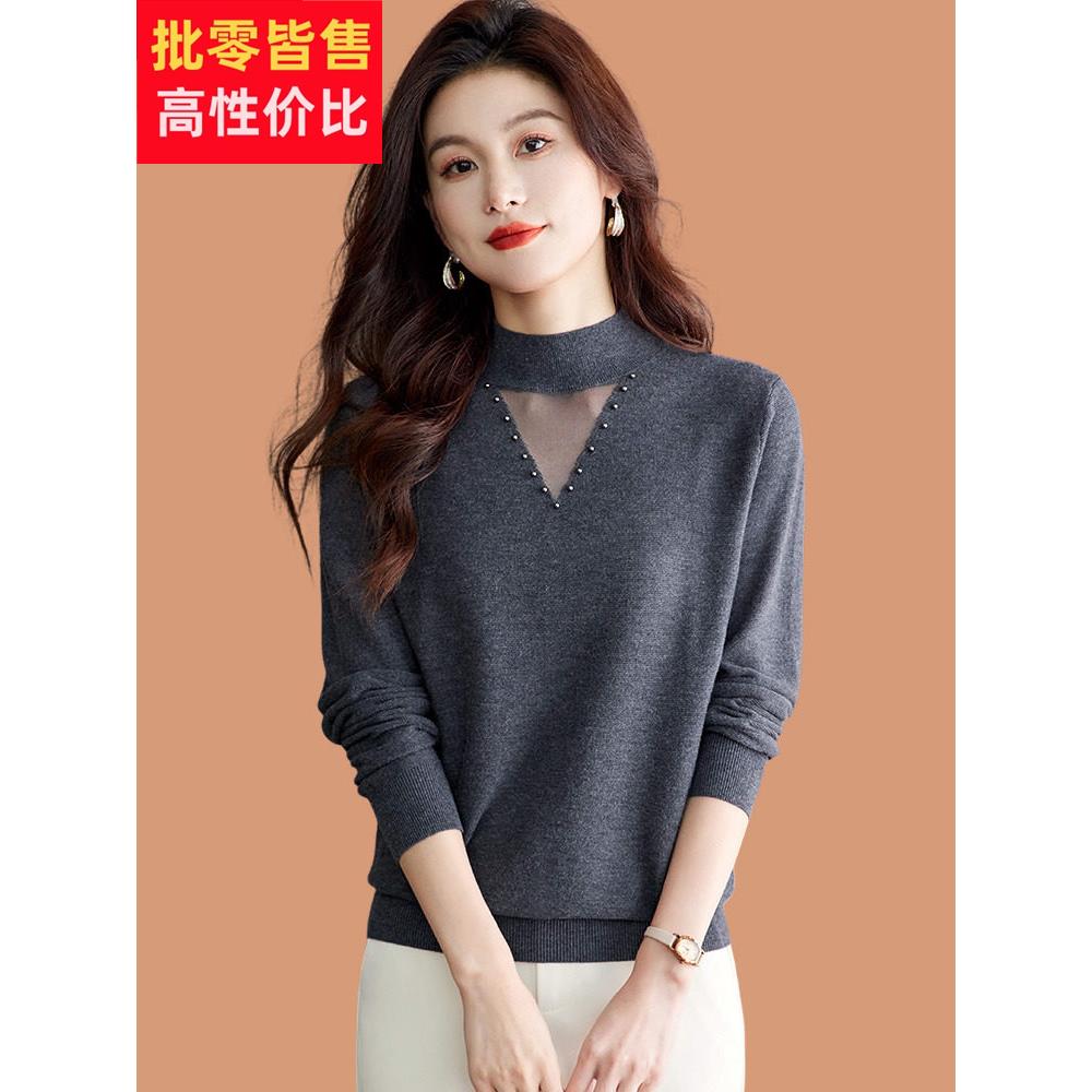 半高领毛衣女春秋装2025新款洋气妈妈薄款蕾丝羊毛针织打底衫上衣