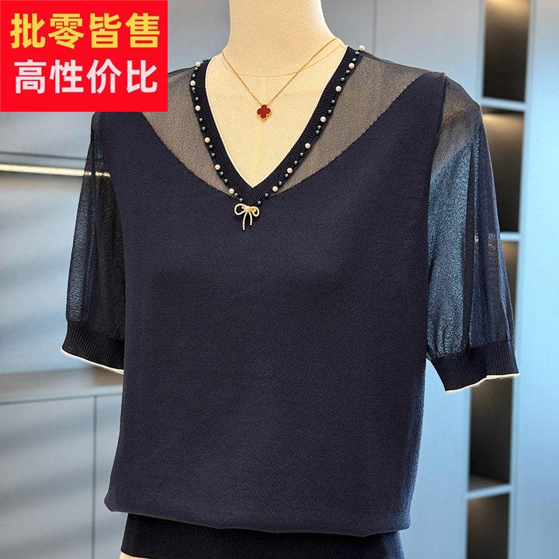 时尚洋派网纱拼接针织衫女妈妈装夏装新款上衣减龄气质中年人T恤