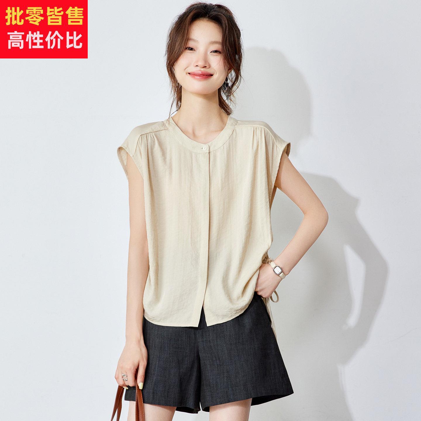 2025夏季新款设计感圆领侧系带抽绳收腰短袖衬衫上衣女士显瘦衬衫