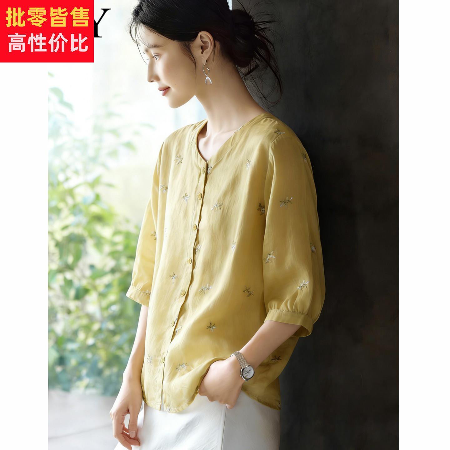 2026夏季新款减龄文艺刺绣小衫T恤宽松遮肚子洋气显瘦苎麻上衣女