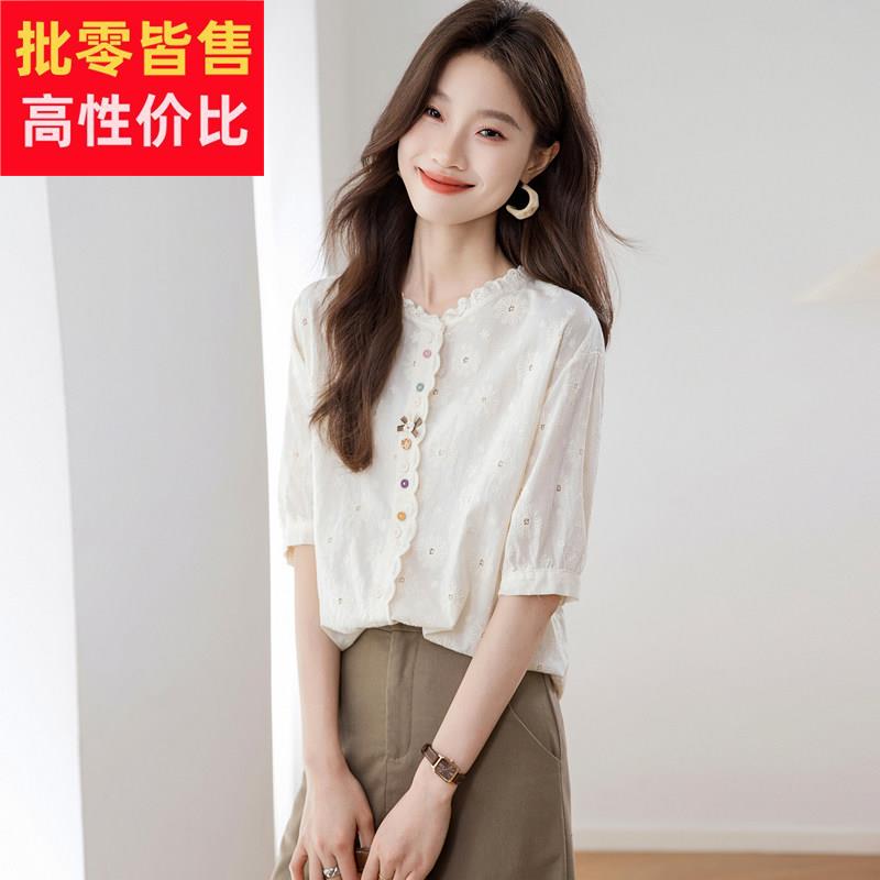 法式刺绣短袖衬衫女夏季2025新款甜美减龄设计感五分袖衬衫小众上
