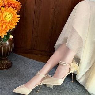 玫瑰米兰达rosemirand香槟色高跟鞋女珍珠蝴蝶结婚鞋女18成年生日