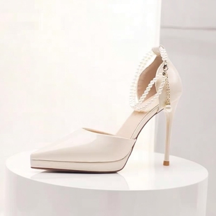 水晶蝴蝶结公主高跟鞋18岁成人2025新款金色玫瑰米兰尖头细跟主纱