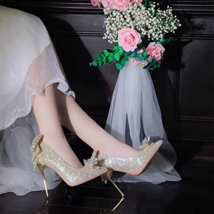 玫瑰水晶高跟鞋女18岁成人米兰达蝴蝶结单鞋女婚纱绝美气质女婚鞋