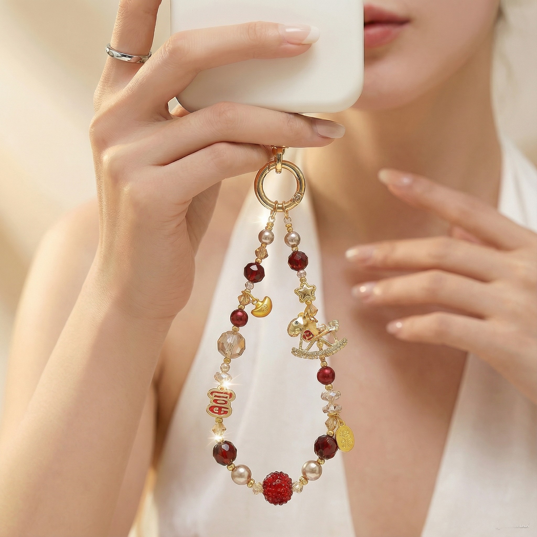 新年中式红色水晶珍珠小马聚财手机链挂手腕挂绳挂饰配件挂件马年