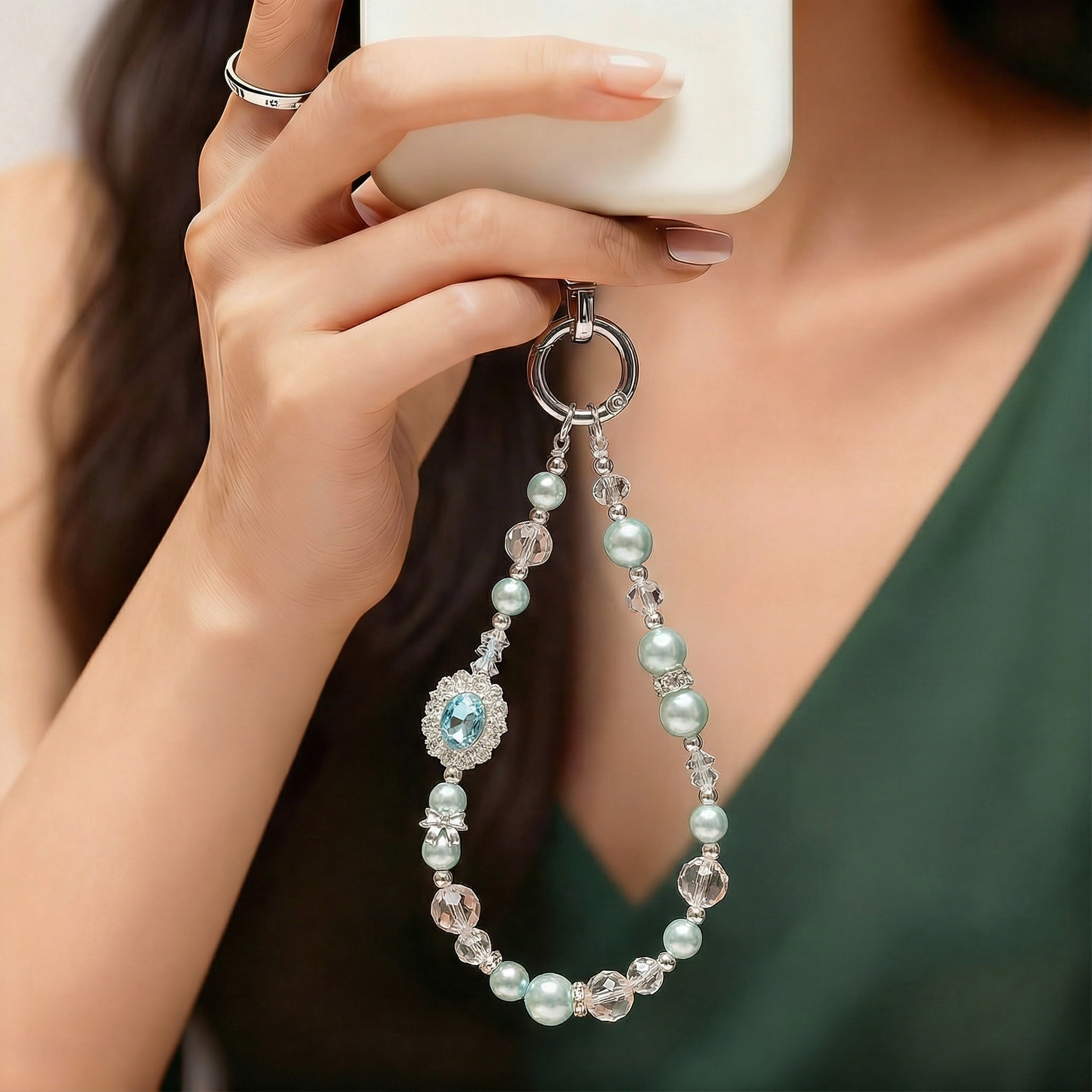 宝石蓝色珍珠水晶手机链轻奢小众精致高级感手腕挂绳挂饰配件挂件