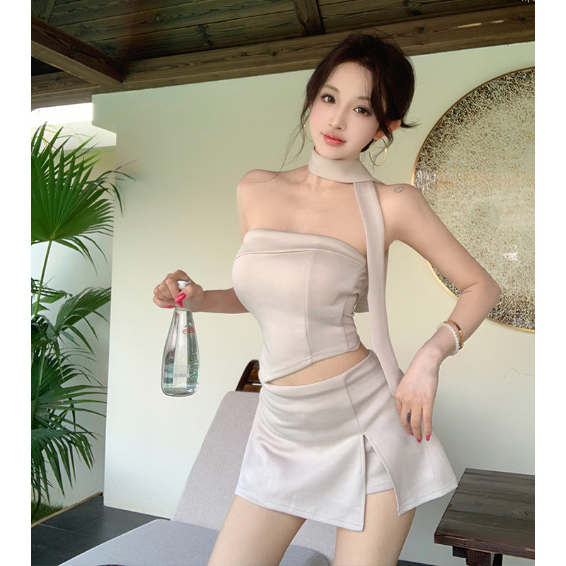 实拍领带抹胸上衣修色高腰裙裤两件套装露腰性感辣妹短裤夏款