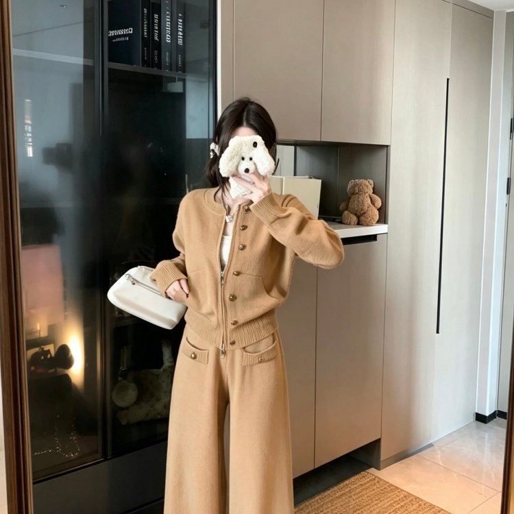时尚气质套装女秋冬复古慵懒风加毛针织衫