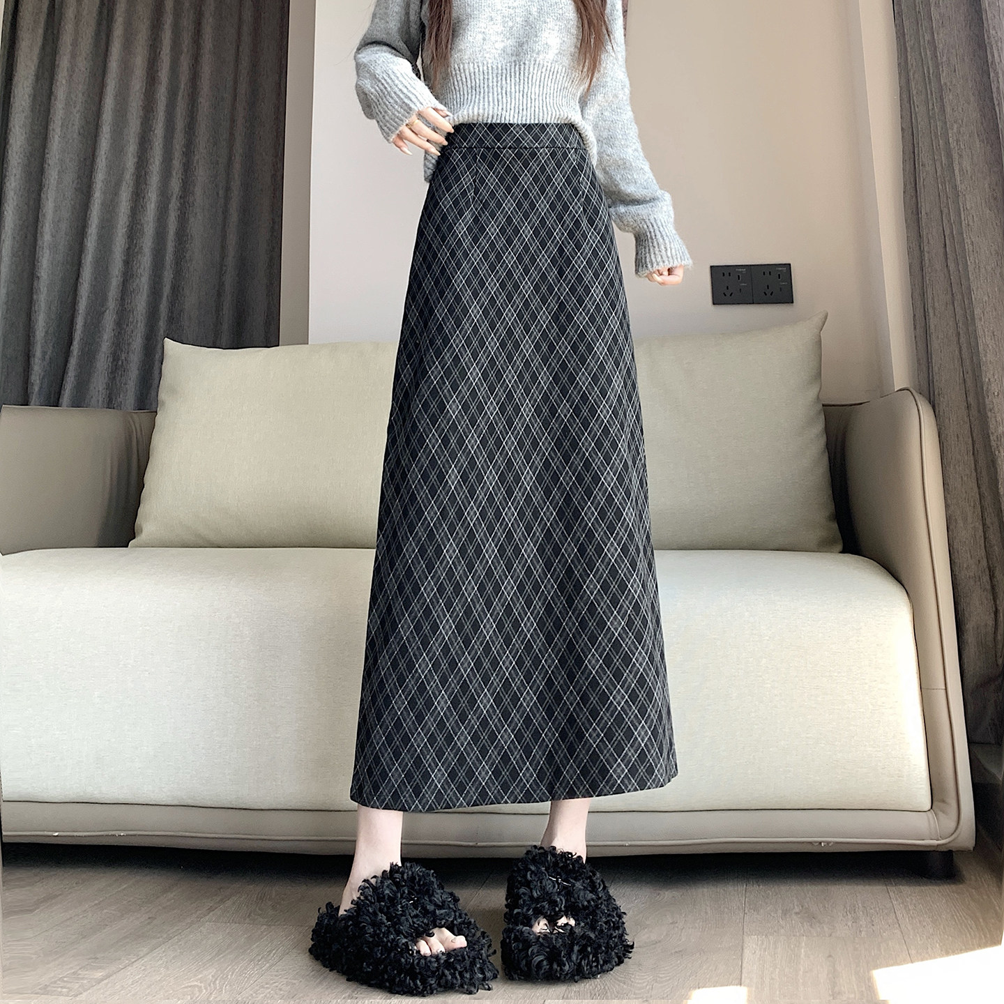 实拍复古格子毛呢半身裙女中长款高腰显瘦直筒裙打底开叉一步裙子