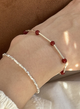 「银韵红珠」S925纯银竹节红玛瑙手链个性银管高级感极简红手链