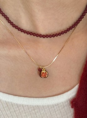 「石榴红了」复古百搭小众安哥拉红石榴珍珠吊坠项链秋冬季锁骨链