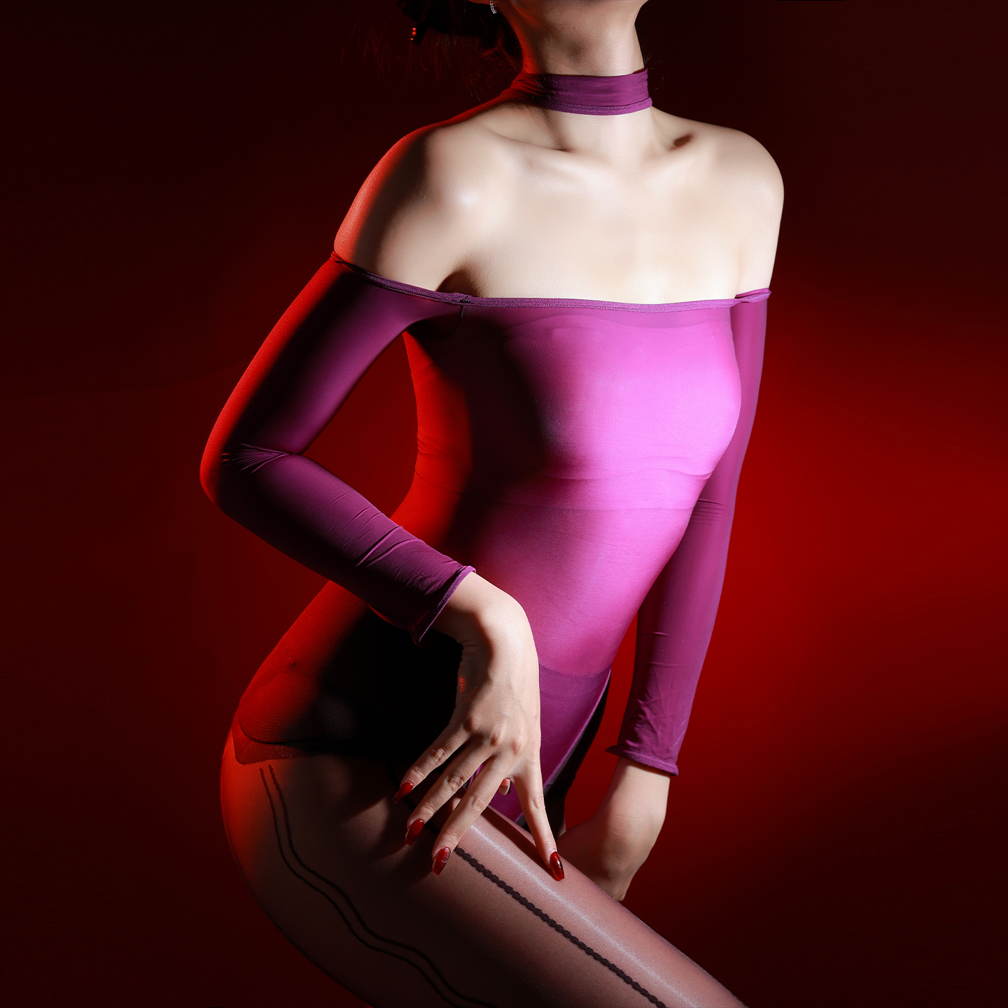 一字肩脖圈塑身连体衣性感高叉