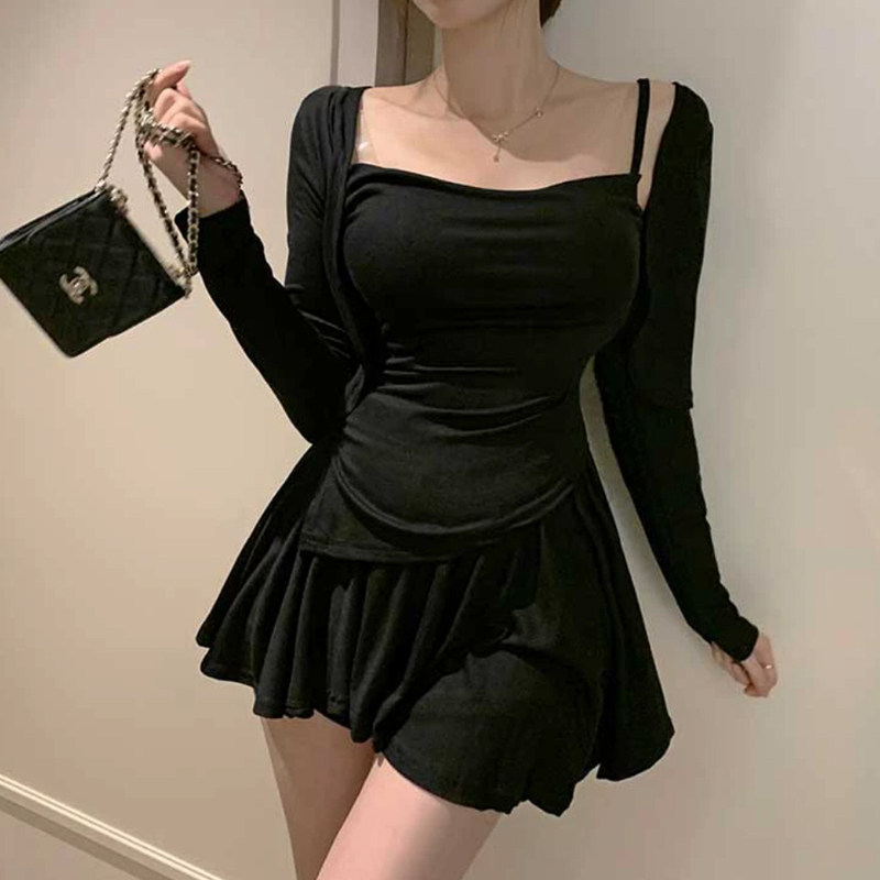 韩国时尚纯欲性感尖下摆吊带+长袖开衫+有内衬短裙气质三件套女,女装/女士精品,时尚套装,淘宝优惠券,粉丝福利购,淘宝优惠卷