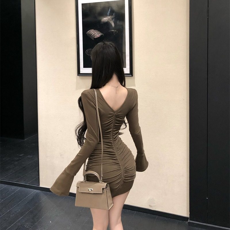 2026韩国时尚多巴胺性感纯欲修身抽褶喇叭袖包臀短裙连衣裙女ins,女装/女士精品,连衣裙,淘宝优惠券,粉丝福利购,淘宝优惠卷