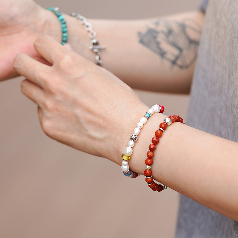 WEISHI 원래 수제 천연 사천 LIANGSHAN 남부 붉은 마노 팔찌 비즈 조디악의 해 여성을위한 깨진 실버 팔찌