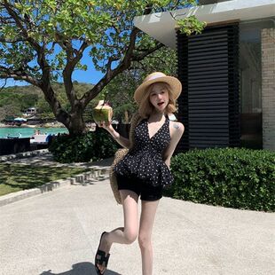 绝美 荷叶边挂脖波点吊带背心女外穿夏花苞蓬蓬抹胸v领小上衣泰式