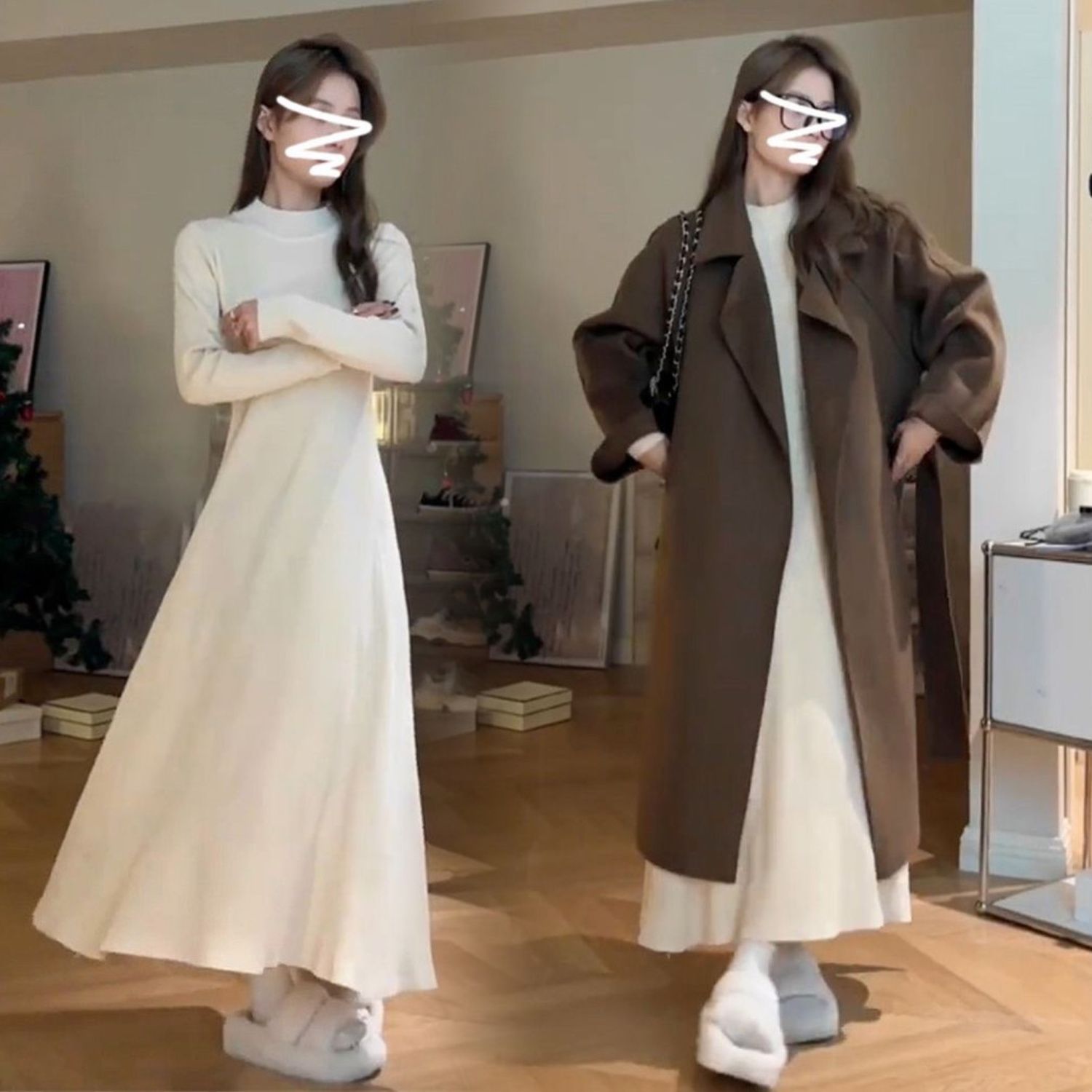 新款秋冬配大衣半高领针织螺纹长袖连衣裙子女高级感内搭打底长裙