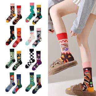 袜子女中筒AB袜男女不对称鸳鸯袜卡通个性棉袜彩色拼撞街头运动潮
