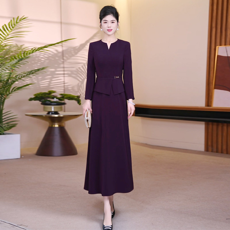 优雅气质暗夜紫假两件连衣裙女2026春季高端轻奢修身显瘦大摆长裙