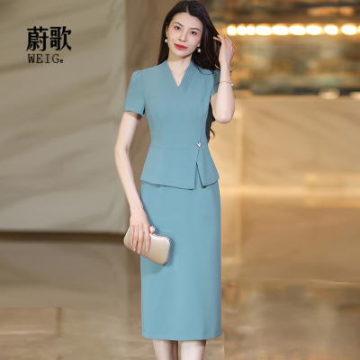 雾霾蓝假两件连衣裙女夏季2025新款高级感气质收腰显瘦包臀一步裙
