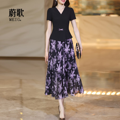 黑色假两件长款碎花连衣裙女夏2026新款气质拼接修身显瘦减龄长裙